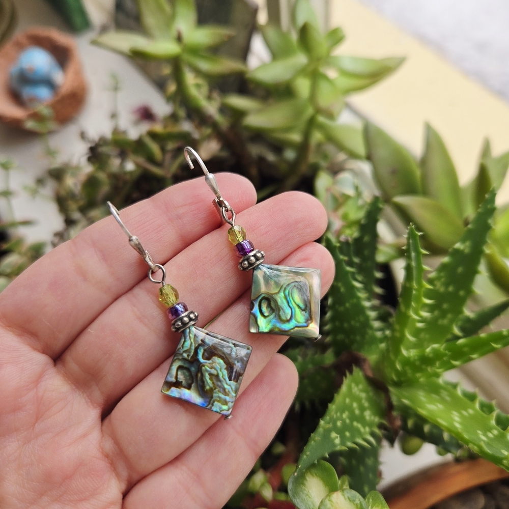 Vintage 925 Sterling Silver Abalone Mother of Pearl Shell Dangle Drop Earrings